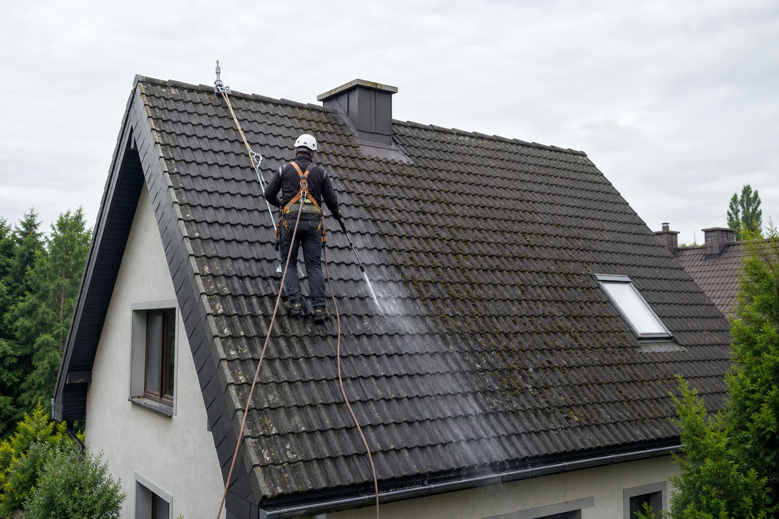 Ilustracja bezpiecznego czyszczenia dachu z mchów i porostów
